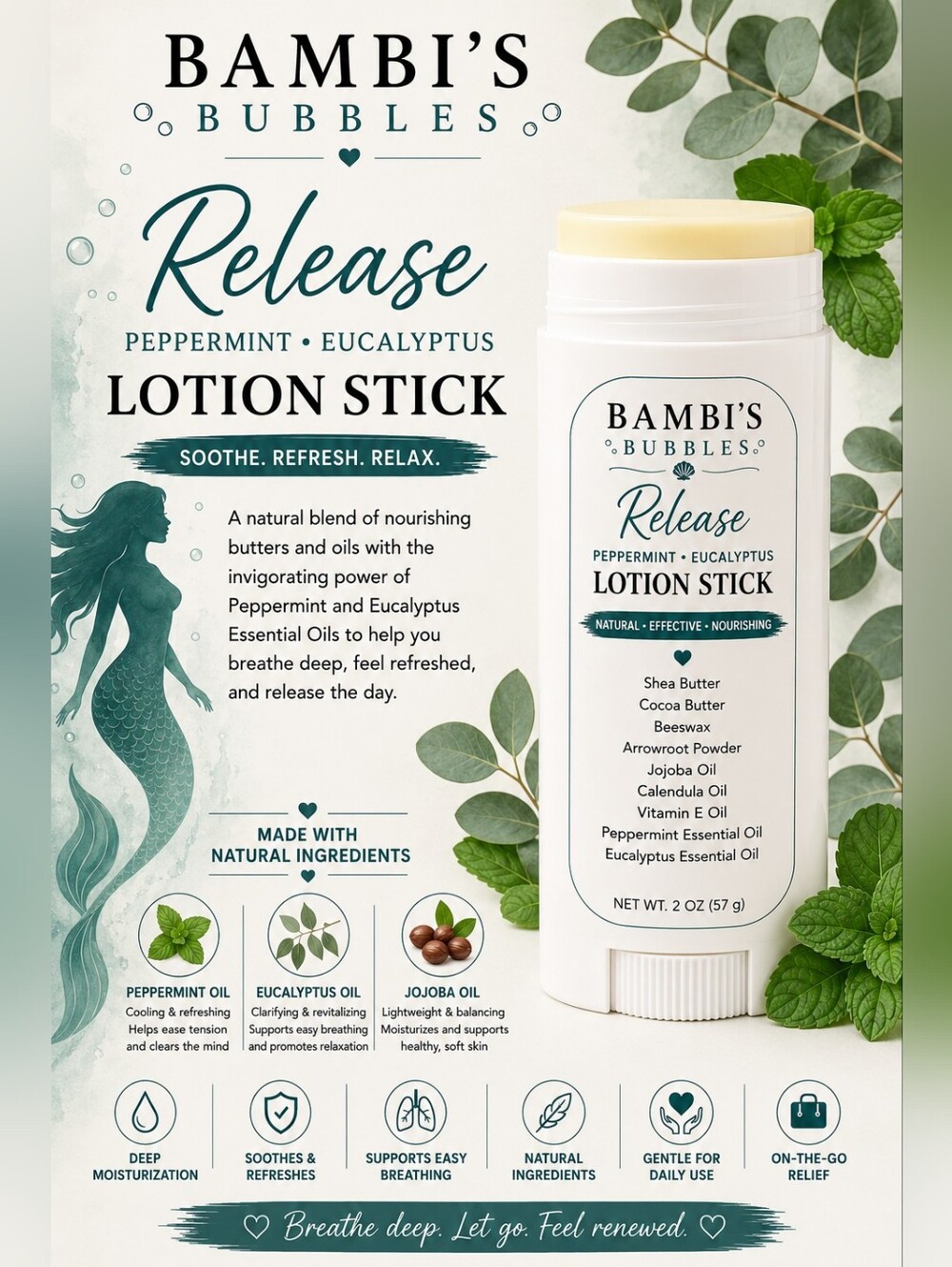 Back In Stock! Bambi's Bubbles Release Peppermint Eucalyptus Lotion 2oz Stick